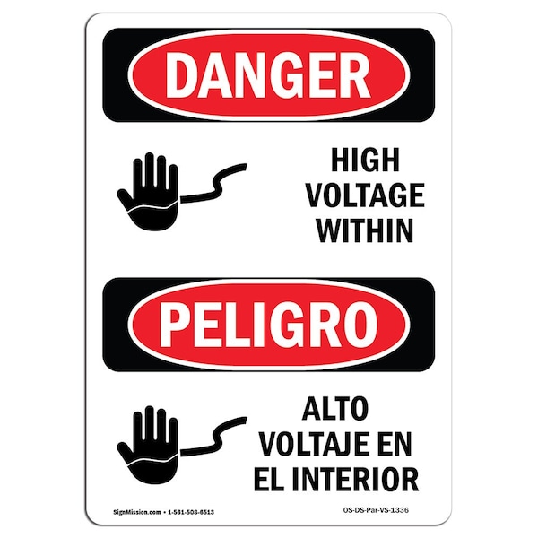 Safety Sign, OSHA Danger, 5" Height, High Voltage Within Bilingual Spanish, 10PK